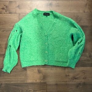 Green Ribbed Cardigan Sweater